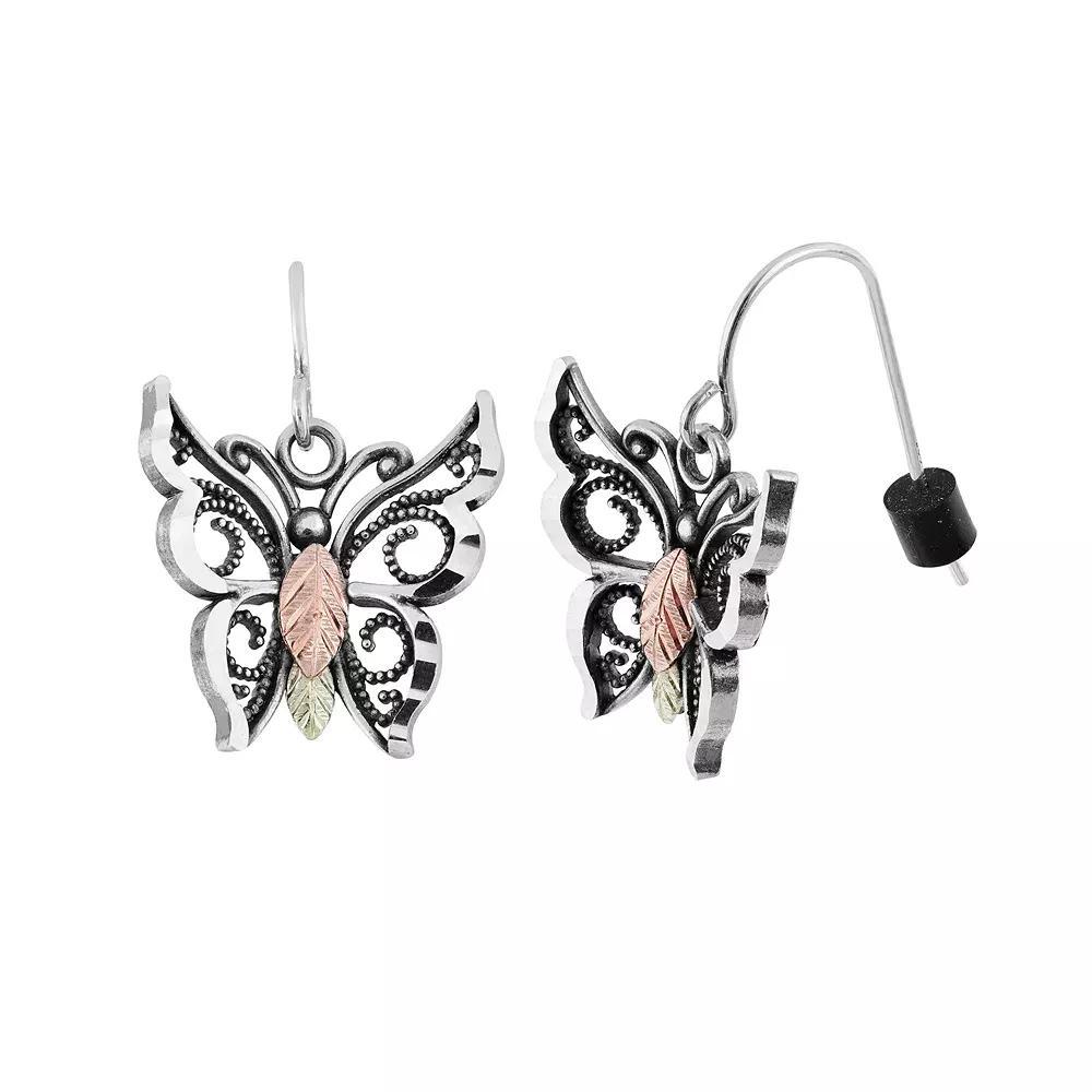 Black Hills Gold Tri-Tone Butterfly Drop Earrings in Sterling Silver, Women's Product Image