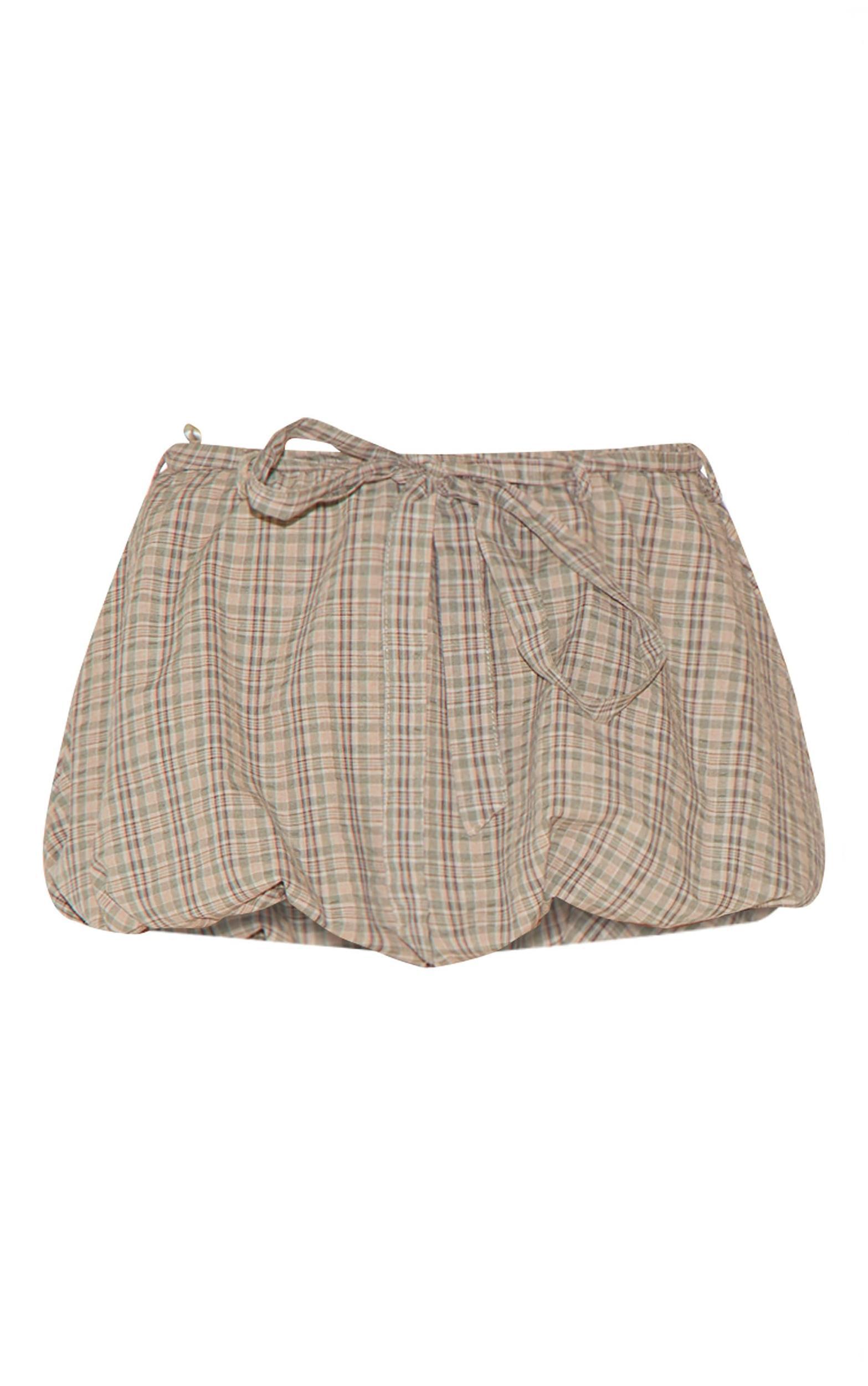 Green Check Print Tie Waist Cotton Puffball Skirt Product Image