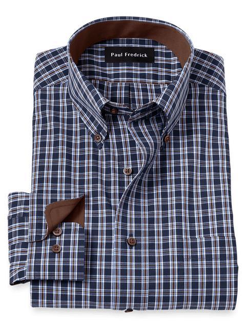 Non-Iron Cotton Plaid Dress Shirt With Contrast Trim - Navy/brown Product Image