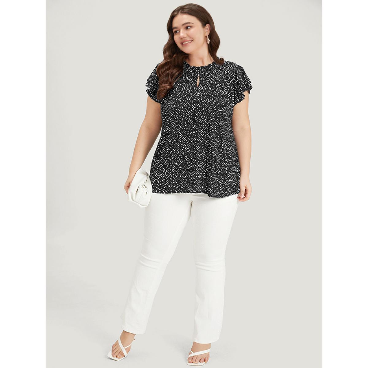 Plus Size Black Polka Dot Keyhole Flutter Trim Layered Blouse Women Office Cap Sleeve Halter neck Work Blouses BloomChic 12/L Product Image