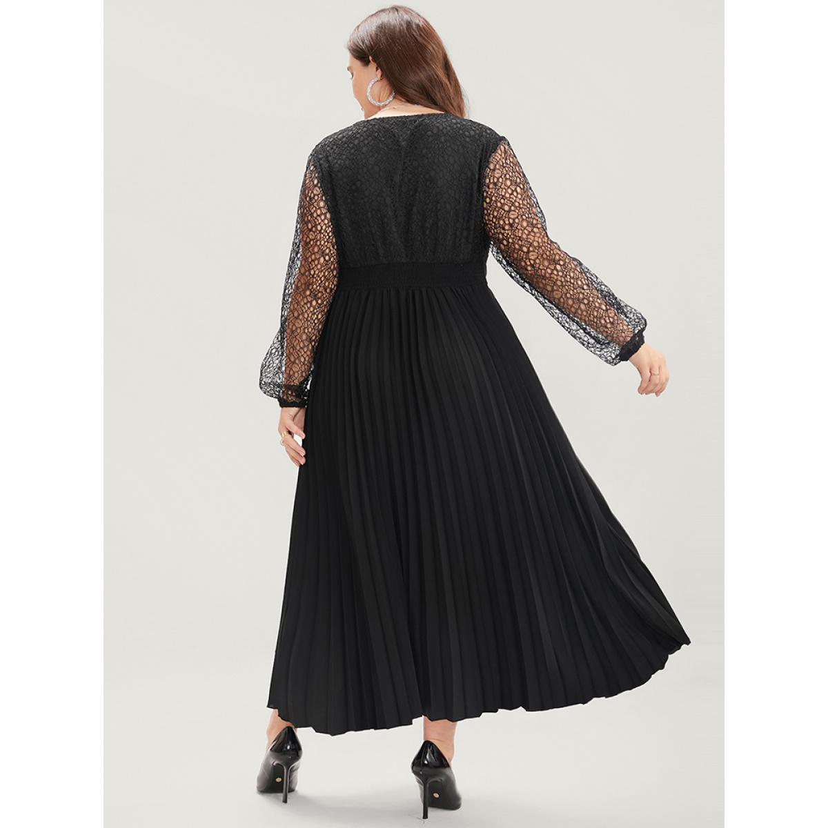 Plus Size Solid Lace Pocket Elastic Waist Surplice Neck Pleated Dress Black Women Glamour Wrap V-neck Long Sleeve Curvy Long Dress BloomChic 22-24/3X Product Image