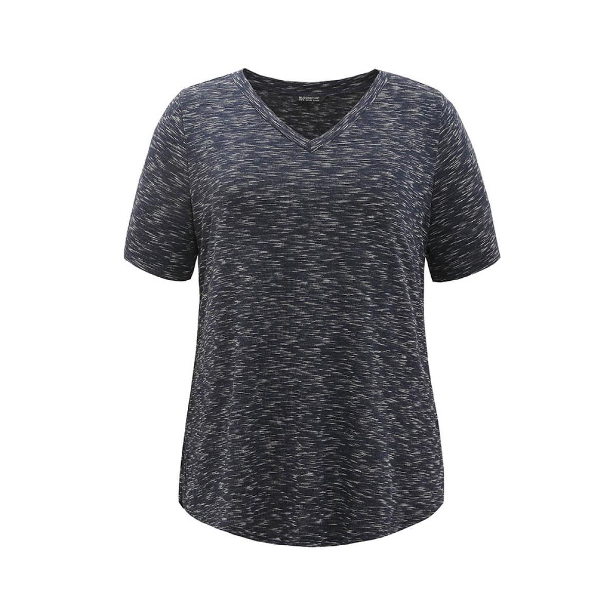 Plus Size Heather Split Side Basic T-shirt Indigo Women Casual Texture Plain V-neck Dailywear T-shirts BloomChic 22-24/3X Product Image