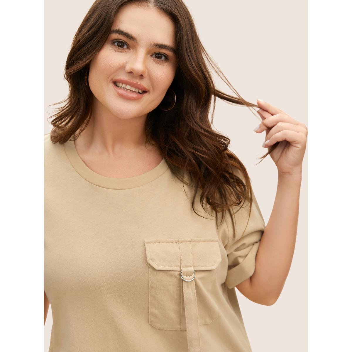 Plus Size Cotton Solid Patched Pocket Cuffed Sleeve T-shirt Champagne Women Casual Roll Hem Round Neck Everyday T-shirts BloomChic 12/L Product Image