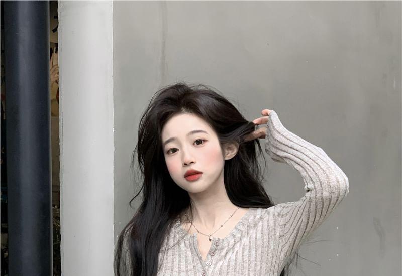 Long Sleeve Henley Ribbed Maxi A-Line Dress Product Image