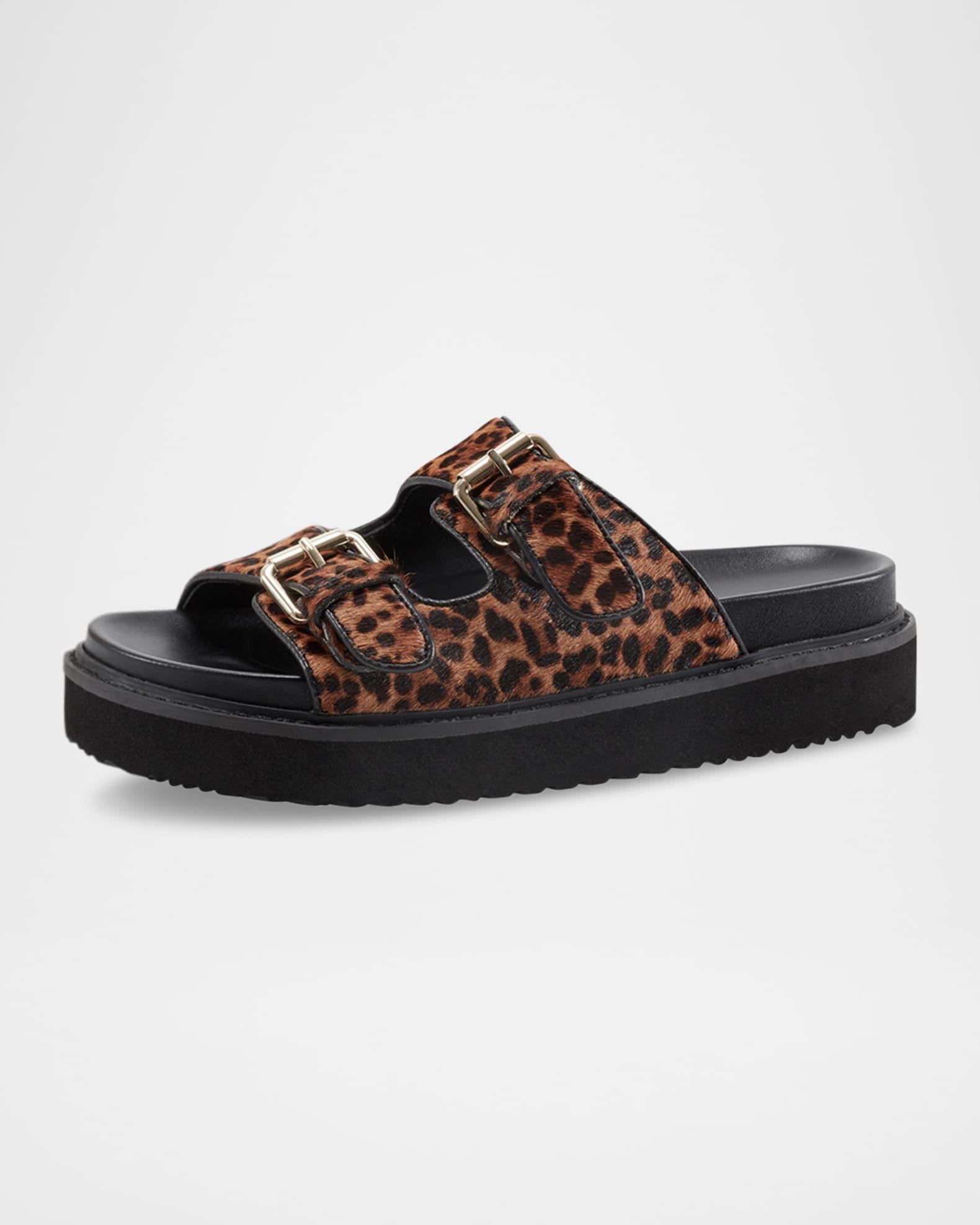 Agustaly Leopard Calf Hair Dual-Buckle Slide Sandals Product Image