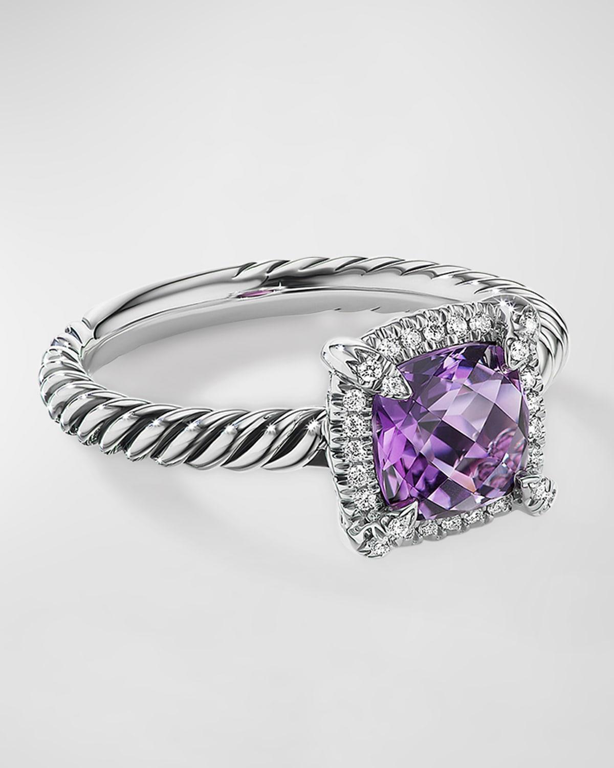 7mm Petite Chatelaine Pave Bezel Ring with Gemstone and Diamonds in Silver Product Image