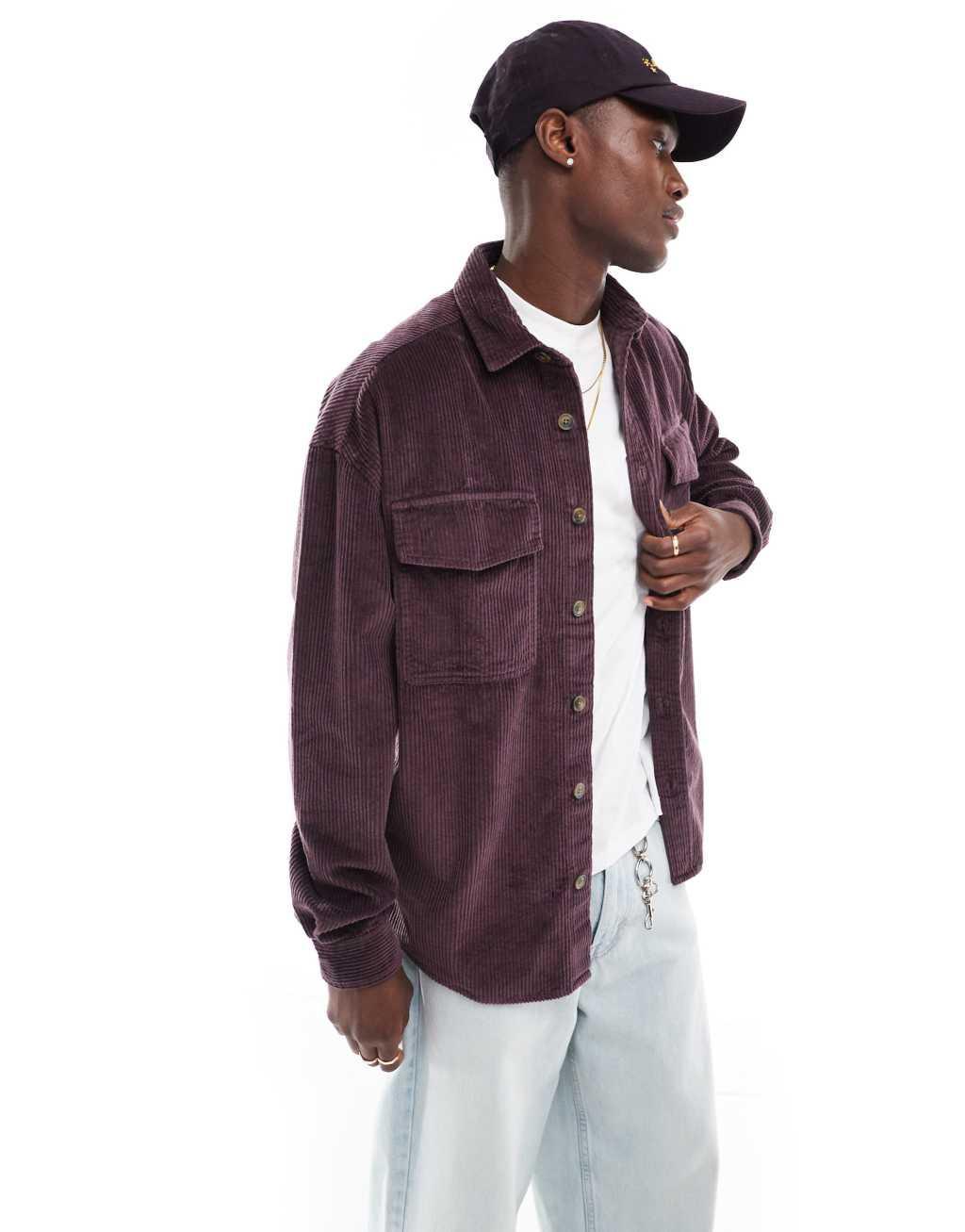 ASOS DESIGN 90s oversized cord shirt with patch pocket in dark plum Product Image