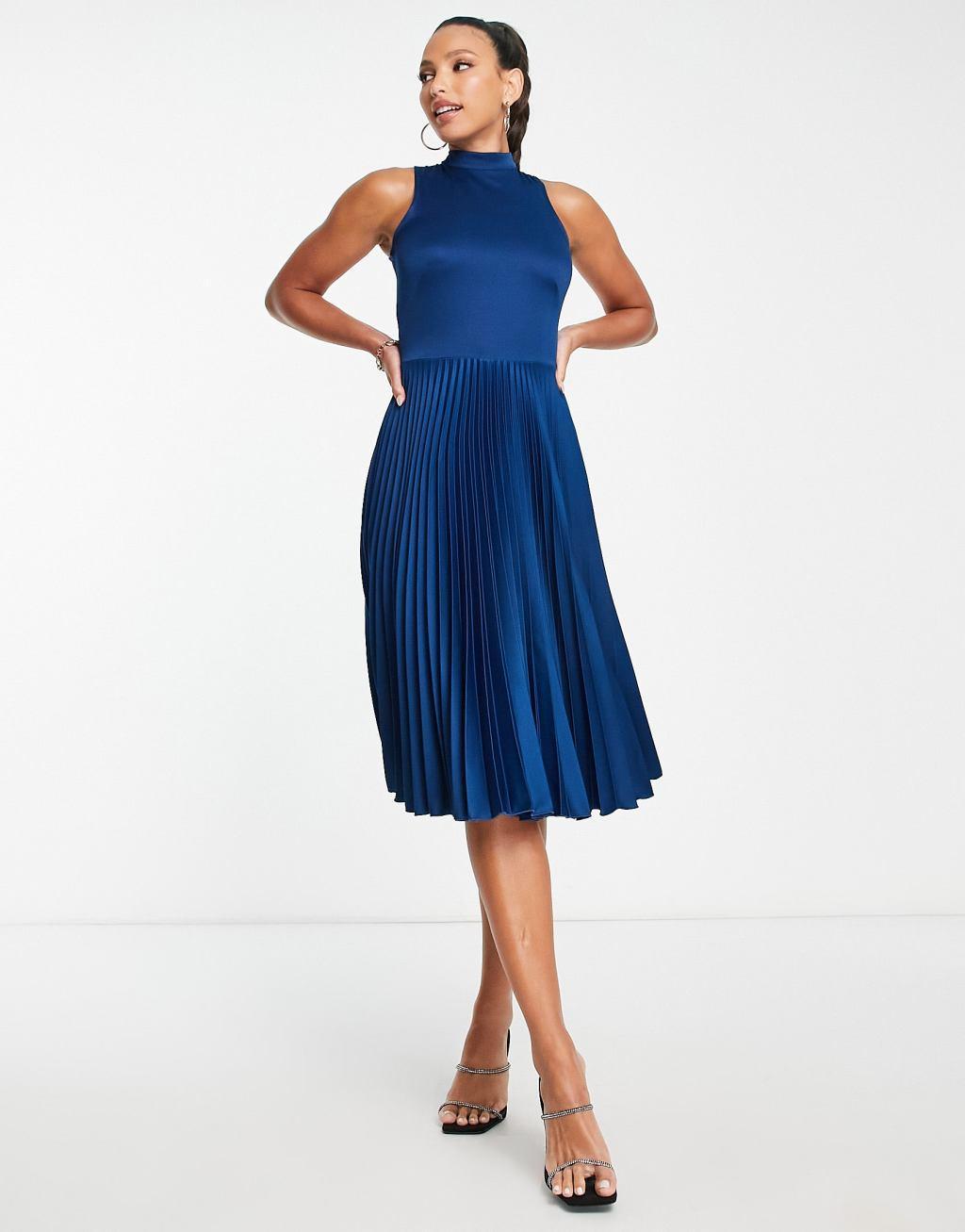 Closet London Tall high neck pleated midi dress in navy Product Image
