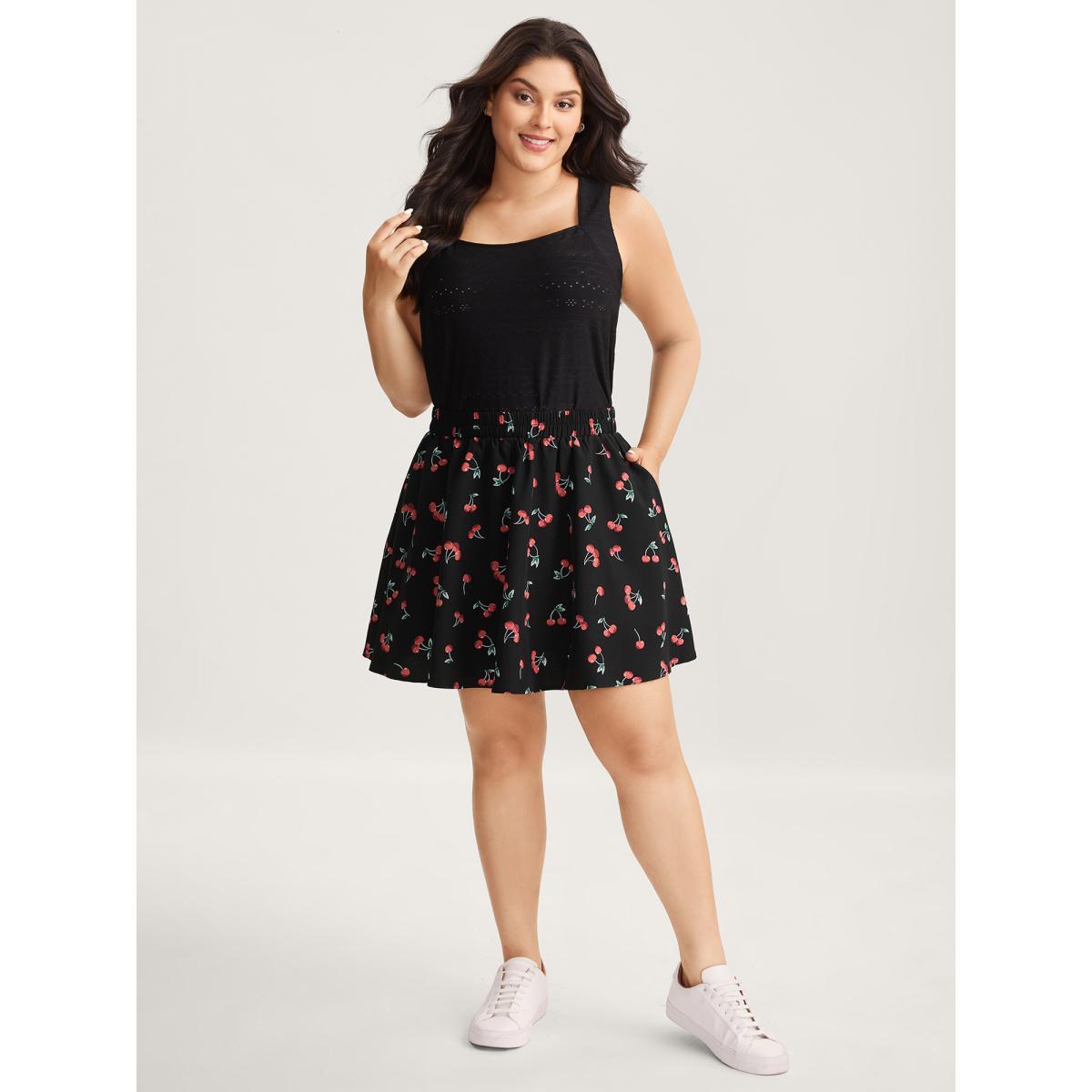 Plus Size Cherry-licious Pleated Midi Skirt Women BlackFlower Casual Loose Low stretch Side seam pocket Everyday-Casual Skirts BloomChic 28/5X Product Image