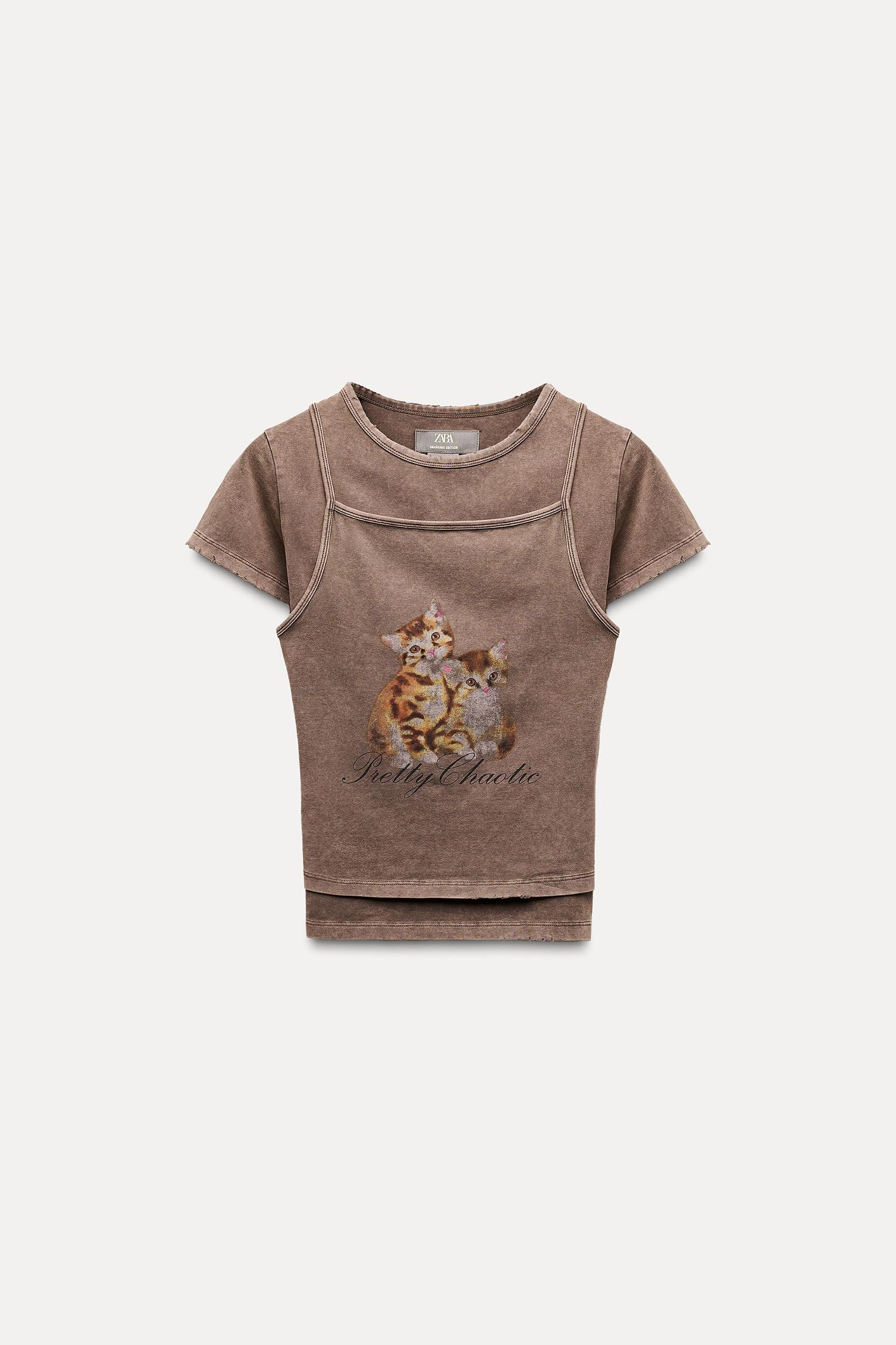 PRINTED WASHED EFFECT DOUBLE LAYER T-SHIRT Product Image