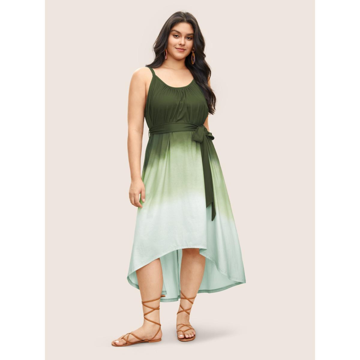 Plus Size Tie Dye Belted Gathered Asymmetrical Hem Dress Indigo Women Resort Non V-neck Sleeveless Curvy Midi Dress BloomChic 12/L Product Image