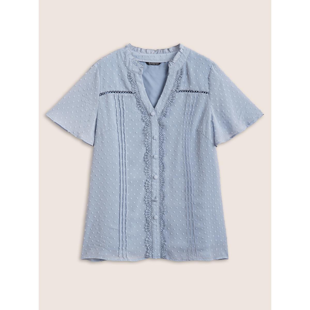 Plus Size Stone Textured Lace Insert Pleated Flutter Sleeve Blouse Women Elegant Short sleeve Flat collar Everyday Blouses BloomChic 22-24/3X Product Image
