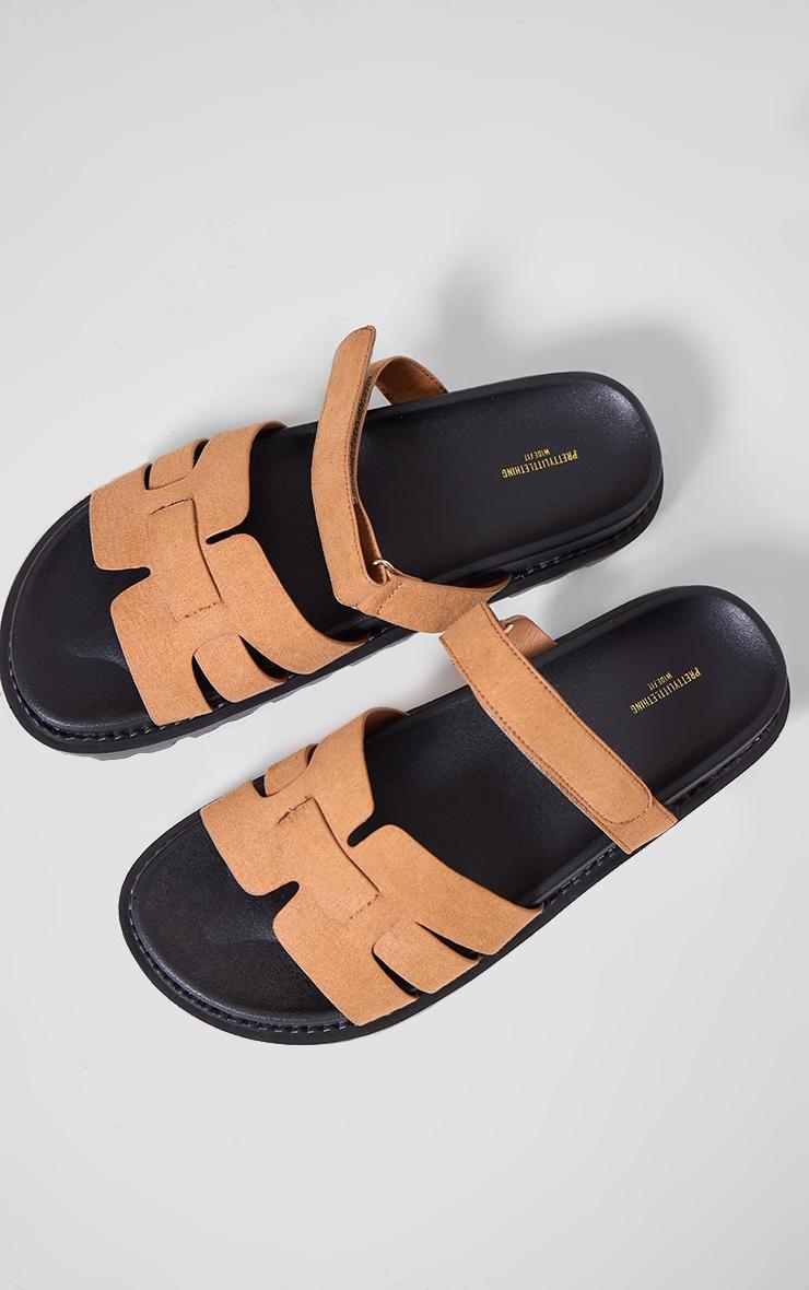 Beige Wide Fit Faux Suede Round Toe Velcro Strap Chunky Sandals Product Image