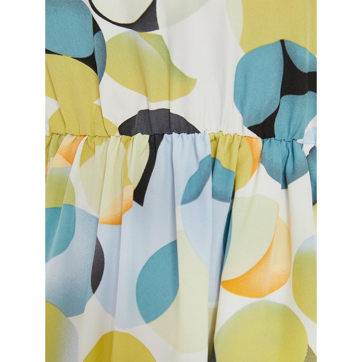 Plus Size Geometric Print Pocket Ruffle Layered Hem Sleeveless Dress YellowGreen Women Elegant Lined Round Neck Sleeveless Curvy Knee Dress BloomChic 18-20/2X Product Image