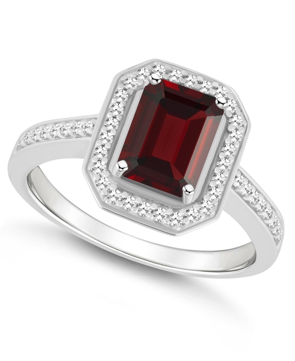 Celebration Gems Sterling Silver 8 mm x 6 mm Emerald Cut Gemstone & 1/5 Carat T.W. Diamond Halo Ring, Women's, Size: 7, Red Product Image