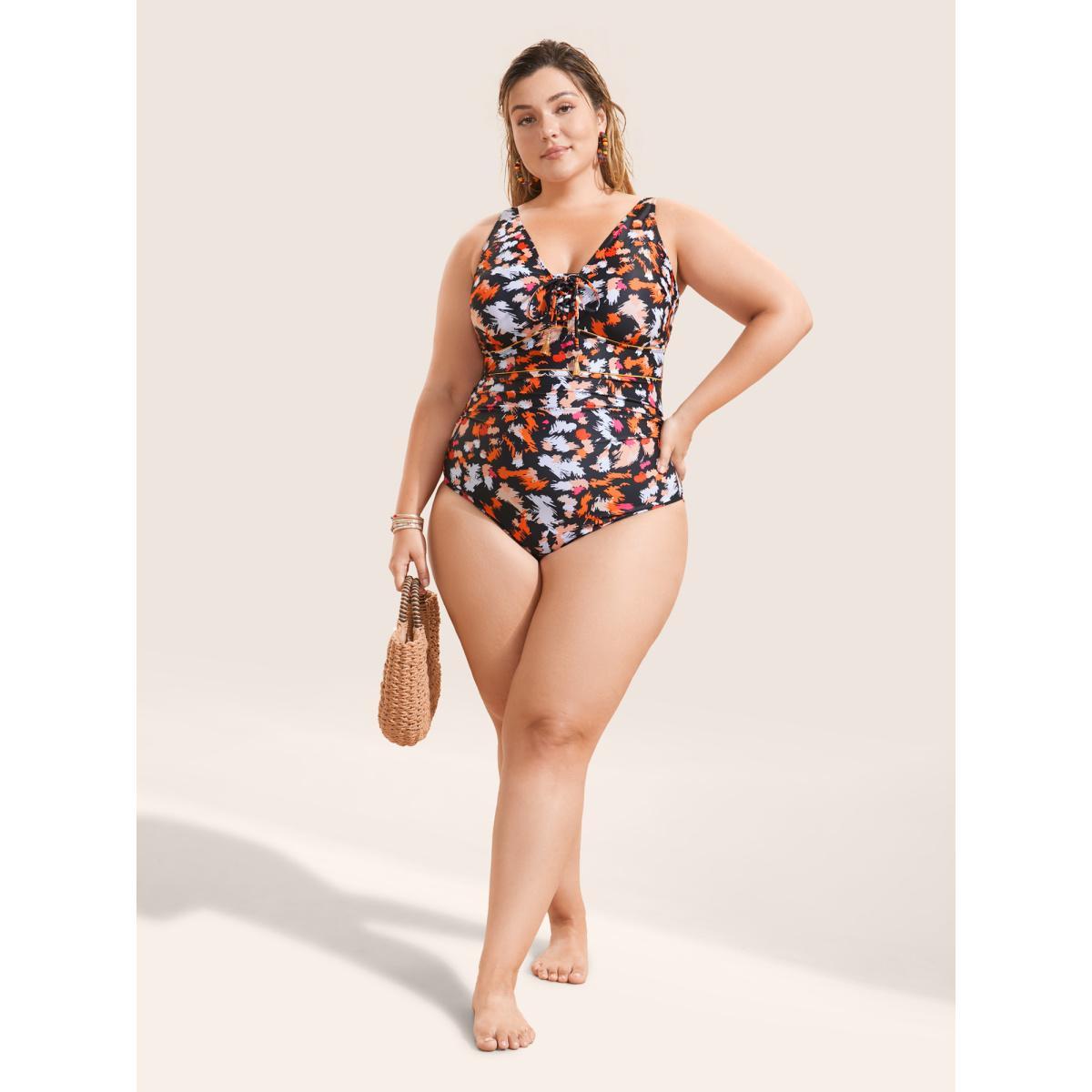Plus Size Brush Print Ties Tassel One Piece Swimsuit Women's Swimwear Multicolor Beach Non Curve Bathing Suits Medium stretch One Pieces BloomChic 18-20/2X Product Image