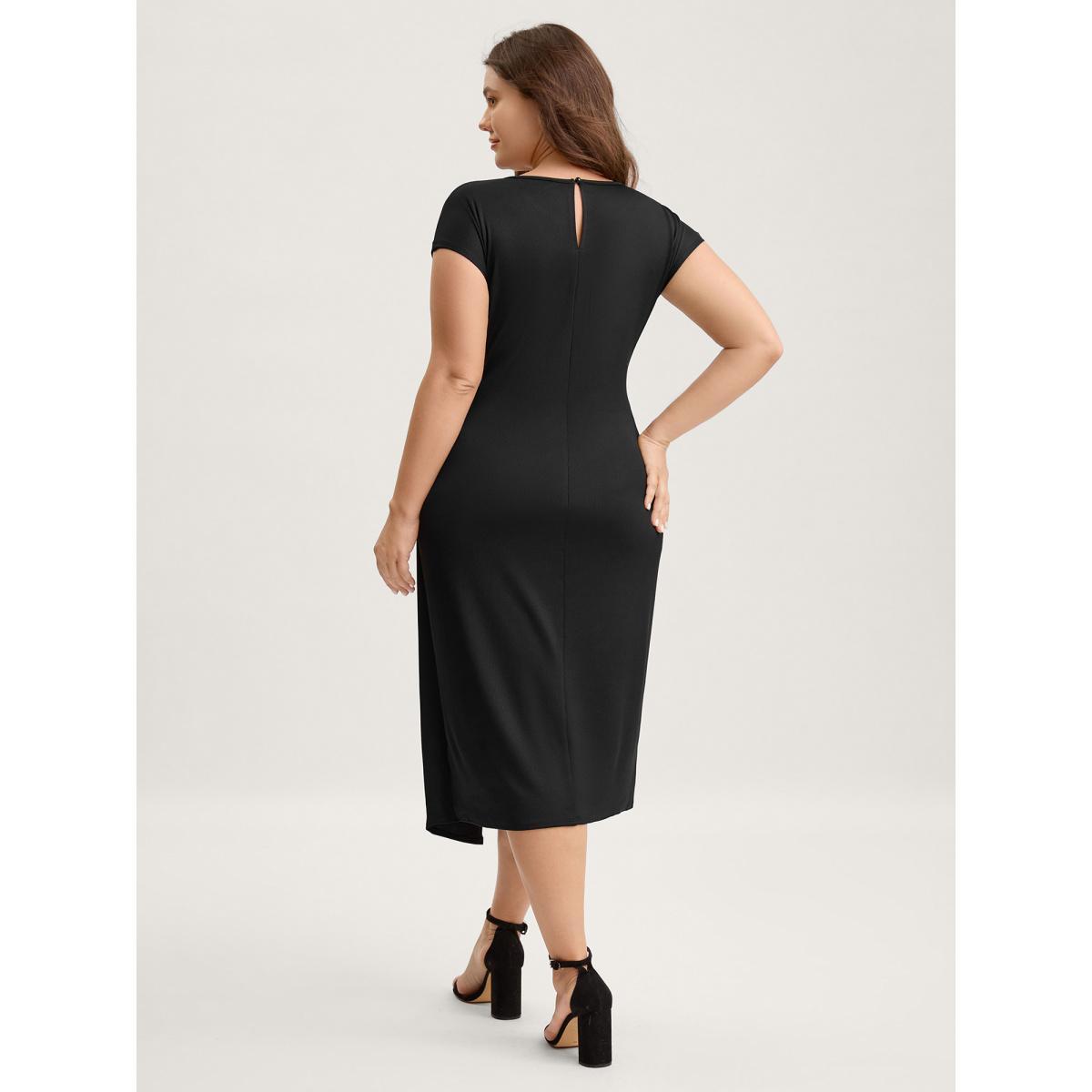 Plus Size Wrap Style Metal Buckle Midi Dress Black Women Round Neck Cap Sleeve Curvy BloomChic 22-24/3X Product Image