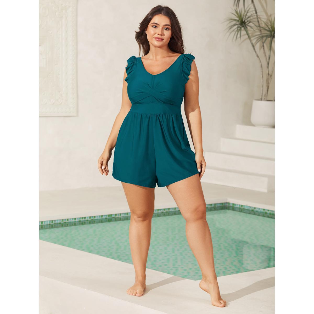 Plus Size Twist Front Ruffled One-Piece Swimsuit Women's Swimwear Aegean Beach Twist Curve Bathing Suits High stretch One Pieces BloomChic 18-20/2X Product Image