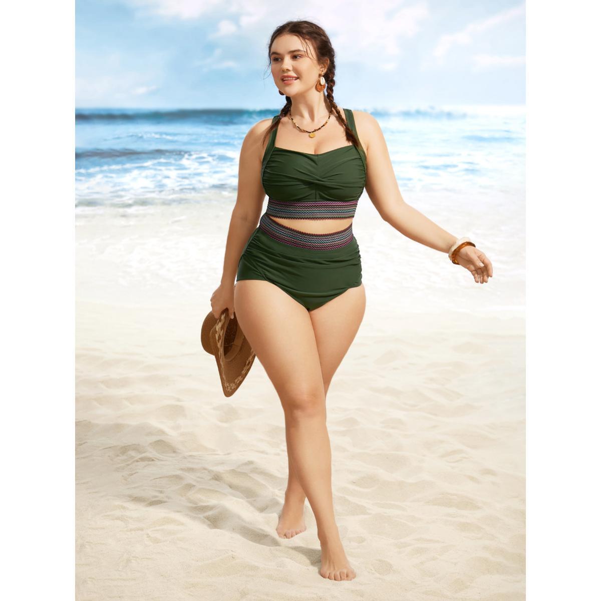 Plus Size Twist Front Patchwork Woven Ribbon Swim Top Women's Swimwear ArmyGreen Beach Woven ribbon&lace trim High stretch Skinny Heart neckline Curve Swim Tops BloomChic 12/L Product Image