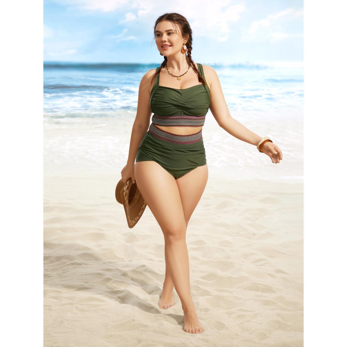 Plus Size Woven Ribbon Gathered High Rise Swim Bottom Women's Swimwear ArmyGreen Beach Woven ribbon&lace trim High stretch Skinny High Rise Curve Swim Bottoms BloomChic 10/M Product Image