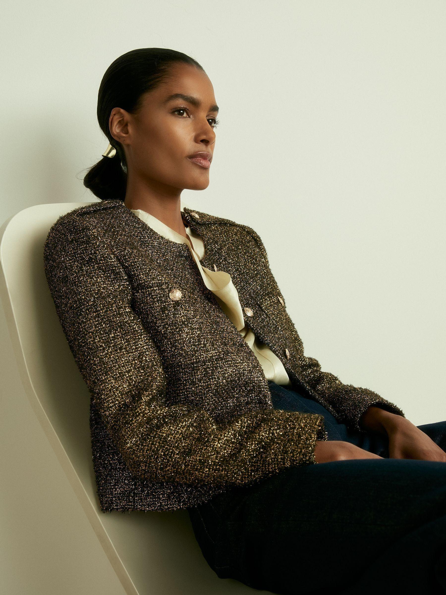 Petite Metallic Knit Cropped Jacket in Gold Product Image