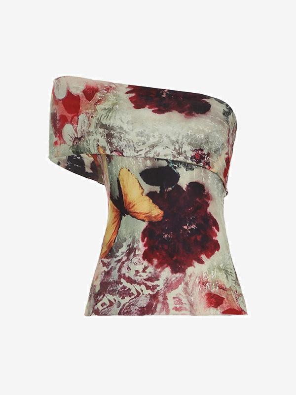 One Shoulder Vintage Print Tank Top Product Image