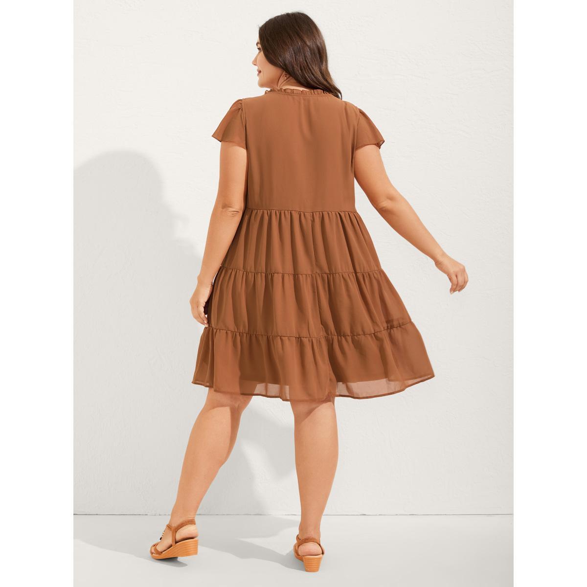 Plus Size Chiffon Floral Embroidered Tiered Midi Dress Bronze Women Embroidered Notched collar Cap Sleeve Curvy BloomChic 12/L Product Image