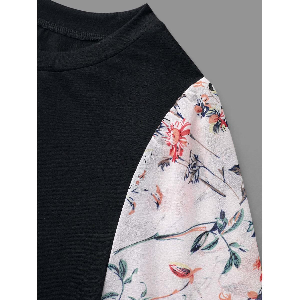 Plus Size Floral Print Patchwork Ruffle Sleeve T-Shirt Black Women Elegant Contrast Round Neck Everyday T-shirts BloomChic 26/4X Product Image