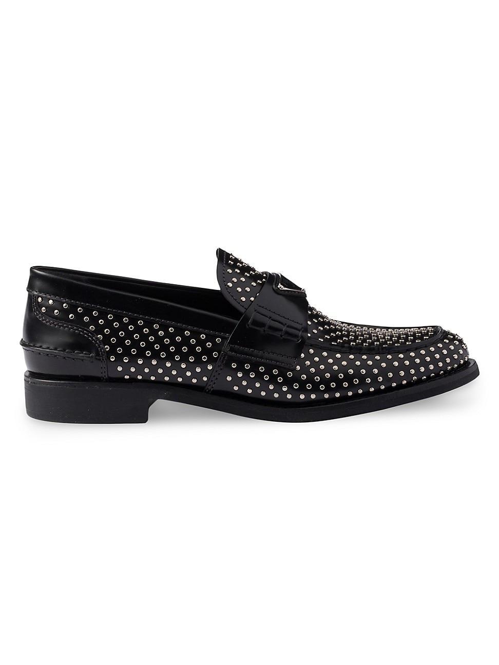 Prada Womens Studded Brushed Leather Loafers Product Image