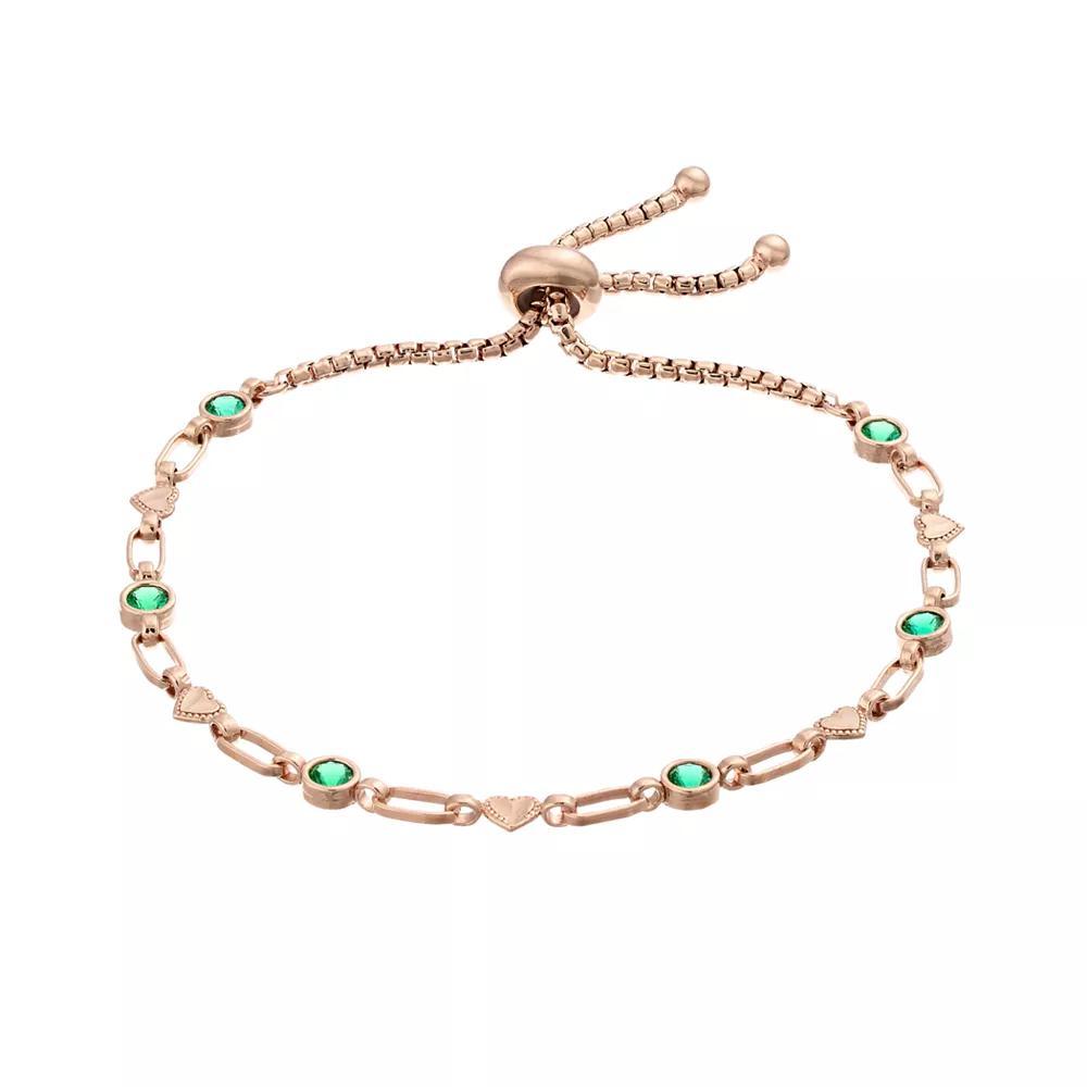 Kristen Kesho Sterling Silver Lab-Created Emerald & Heart Link Adjustable Bolo Bracelet, Women's, Size: 9.50, Pink Tone Product Image