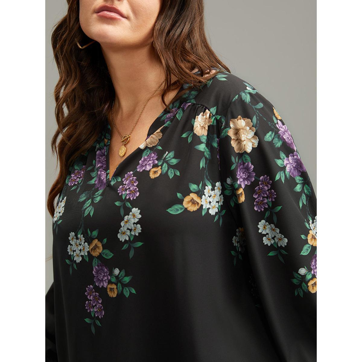 Plus Size Black Floral Print Shirred Curved Hem Blouse Women Elegant Long Sleeve V-neck Dailywear Blouses BloomChic 10/M Product Image