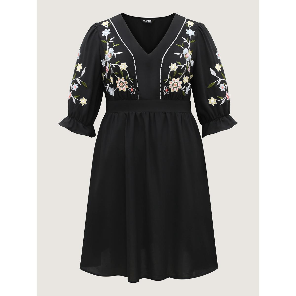 Plus Size Floral Embroidered V-Neck Pockets Knee Dress Black Women V-neck Elbow-length sleeve Curvy BloomChic 18-20/2X Product Image