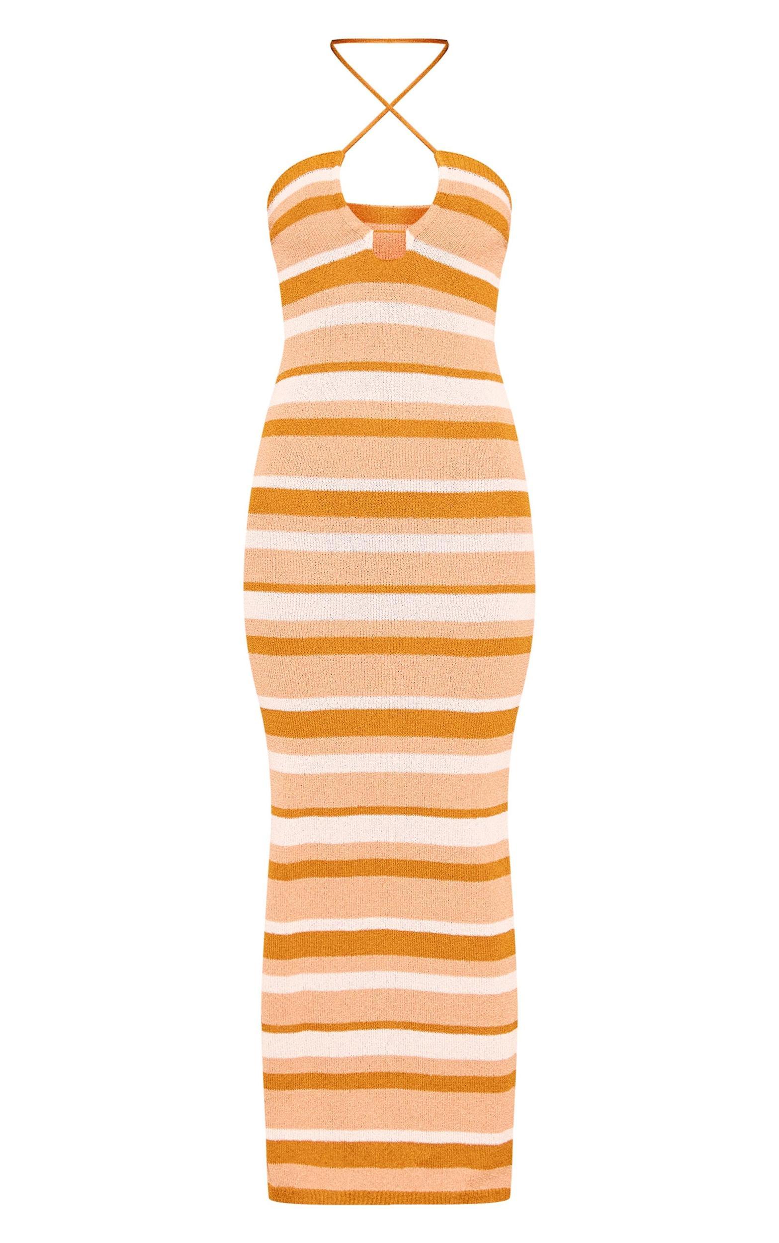 Brown Stripe Towel Knit Halterneck Maxi Dress Product Image