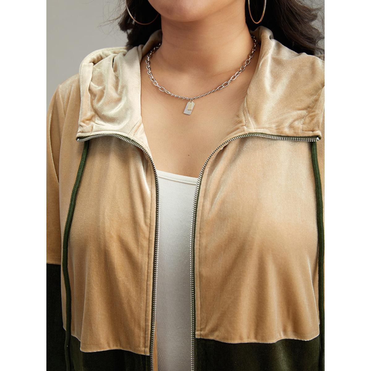 Plus Size Velvet Contrast Hooded Slant Pocket Jacket Women ArmyGreen Velvet Pocket Dailywear Jackets BloomChic 14-16/1X Product Image