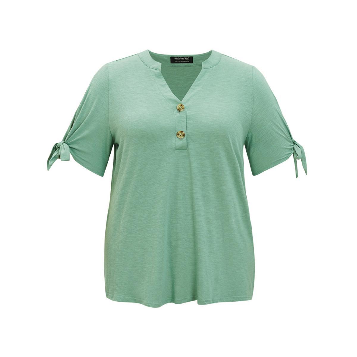 Plus Size Solid Button Up Notched Knot Sleeve Cut Out T-shirt Mint Women Casual Heather Plain Notched collar Dailywear T-shirts BloomChic 14-16/1X Product Image