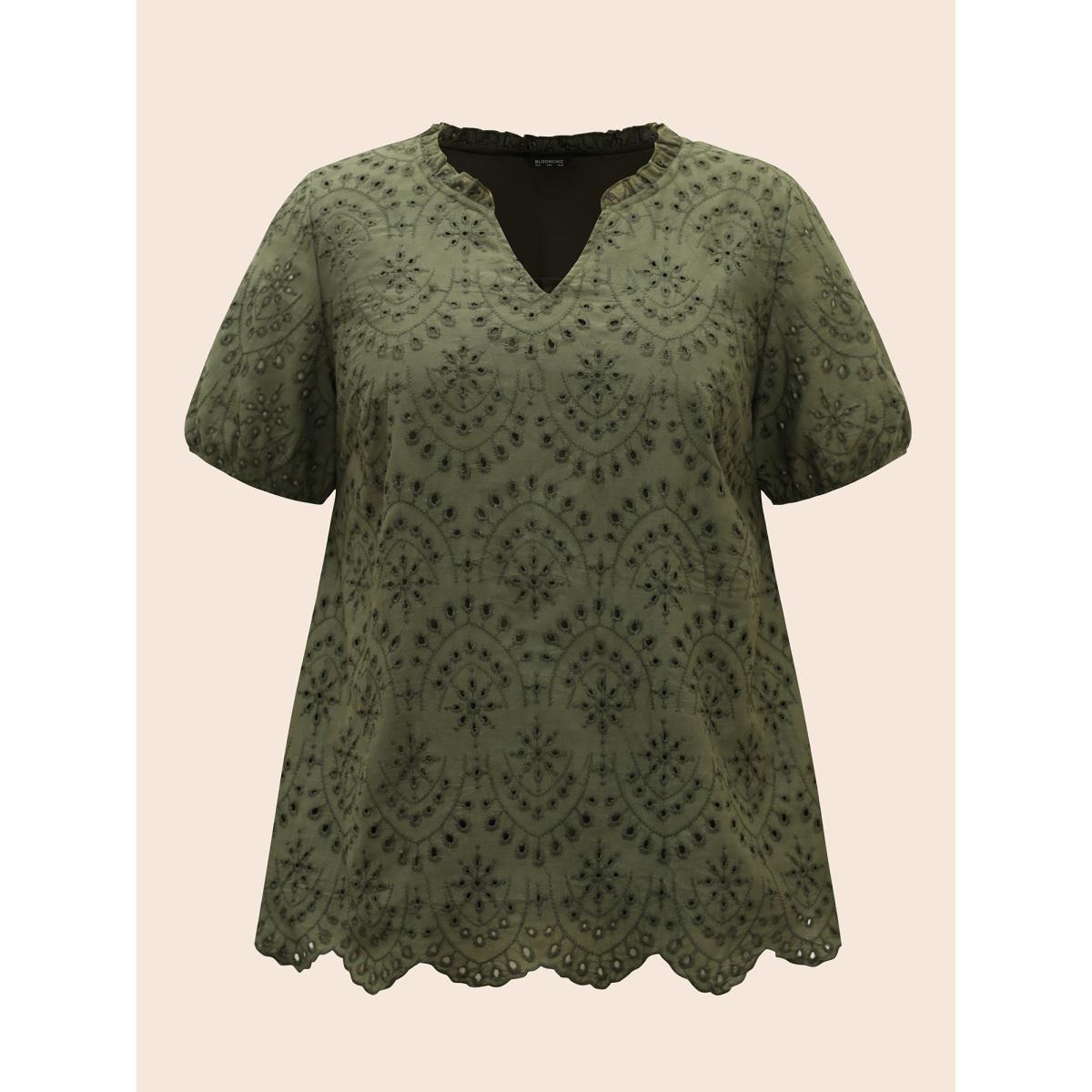 Plus Size ArmyGreen Notched Broderie Anglaise Frill Trim Blouse Women Elegant Short sleeve Notched collar Everyday Blouses BloomChic 14-16/1X Product Image