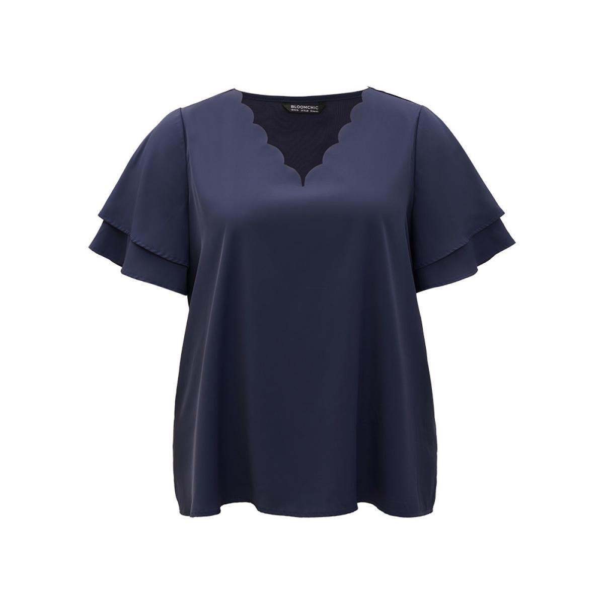 Plus Size Scarlet Plain Curved Trim Flutter Sleeve Layered Blouse Women Office Short sleeve V-neck Work Blouses BloomChic 10/M Product Image