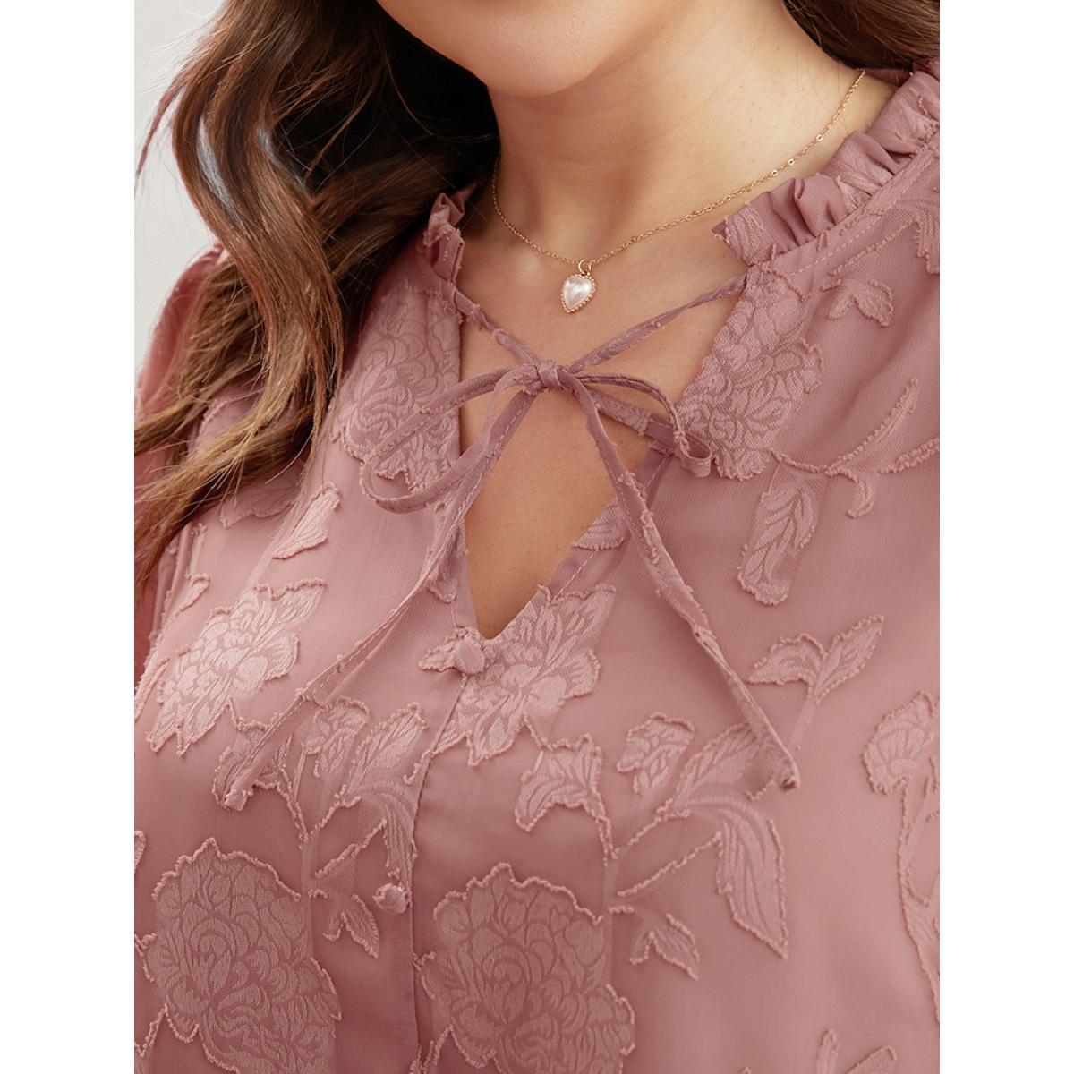 Plus Size DustyPink Floral Print Tie Neck Frill Trim Lantern Sleeve Blouse Women Glamour Long Sleeve V-neck Dailywear Blouses BloomChic 12/L Product Image