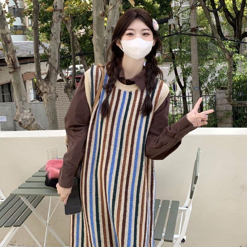 Long-Sleeve Plain Shirt / Sleeveless Striped A-Line Dress Product Image