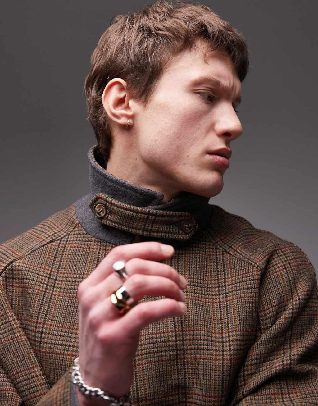 Topman wool plaid car coat in brown Product Image