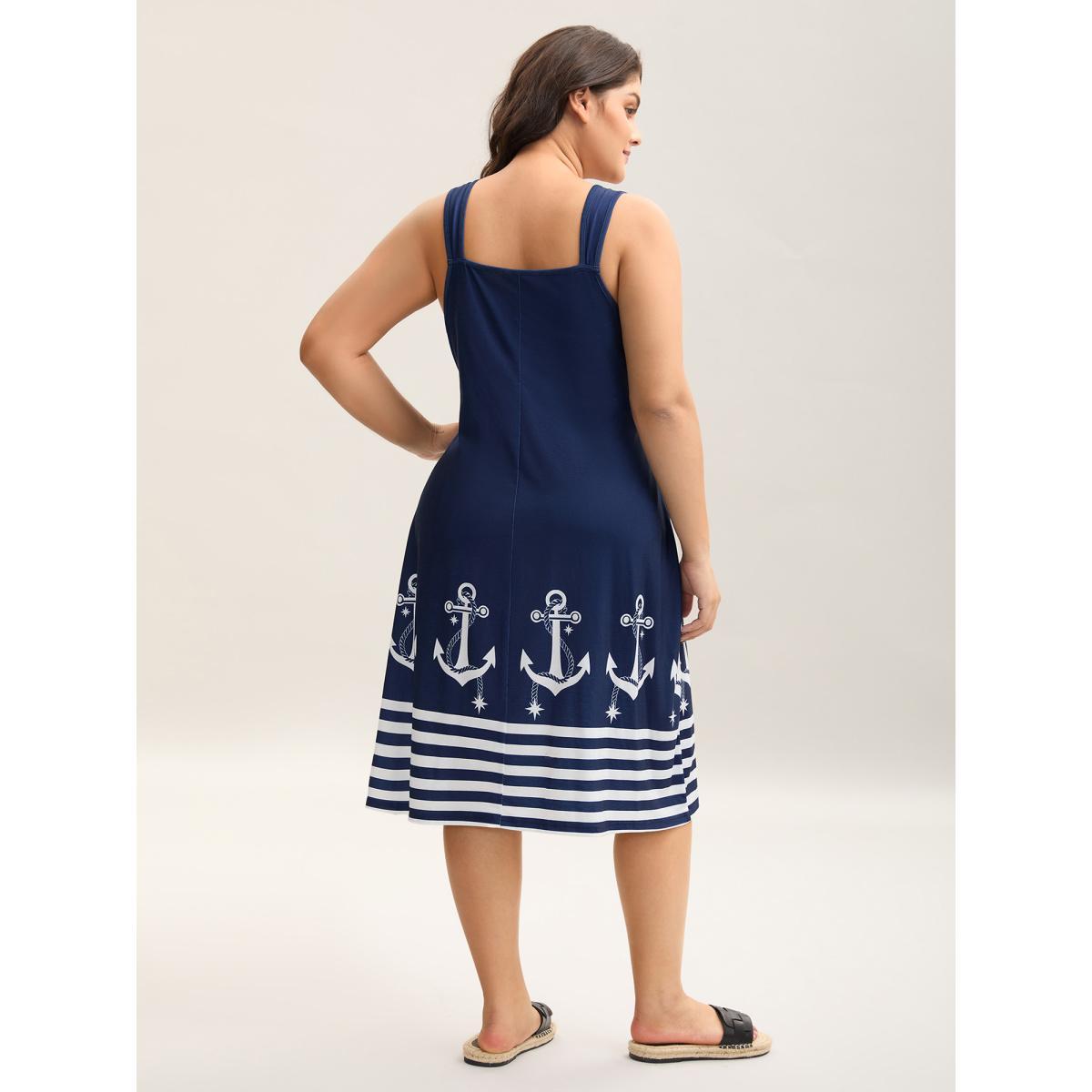 Plus Size Nautical Print Sleeveless Buckle Midi Dress Navy Women V-neck Sleeveless Curvy BloomChic 28/5X Product Image