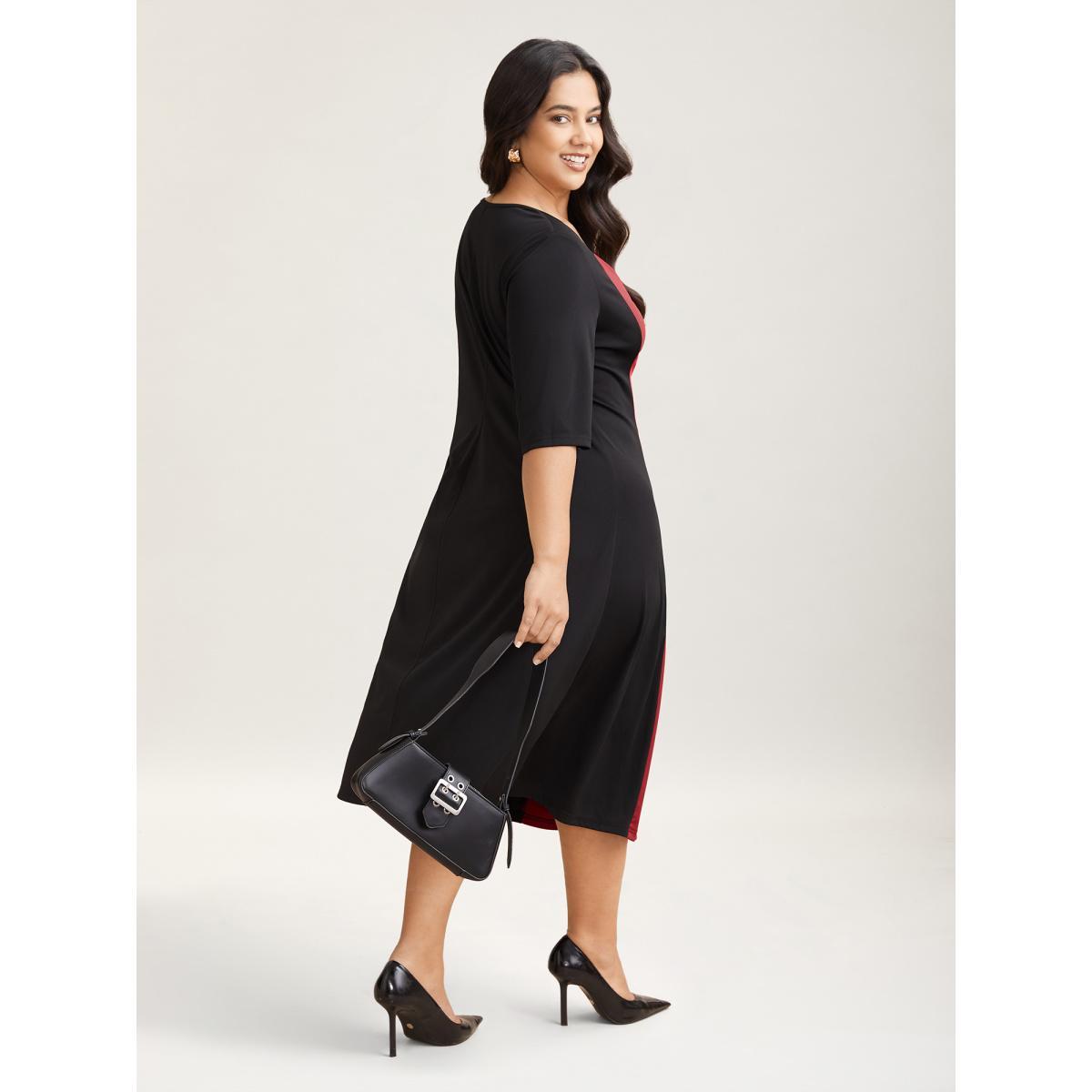 Plus Size Color Block Fitted Waist Overlap Neck Dress Burgundy Women At the Office Contrast Knit Dresses Bloomchic 18-20/2X Product Image