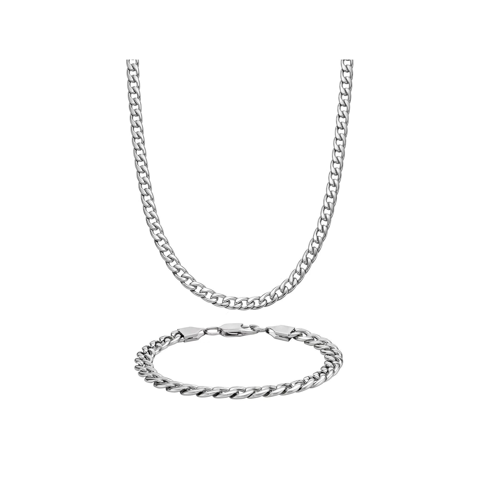 LYNX Stainless Steel 7.5MM Curb Chain Men's Bracelet and Necklace Set, Size: 22" Product Image