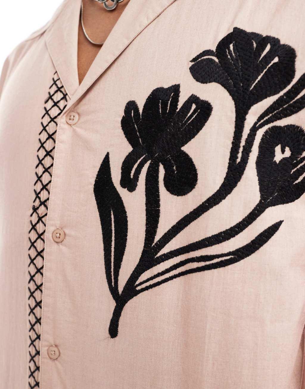 Reclaimed Vintage long sleeve revere shirt with embroidery Product Image