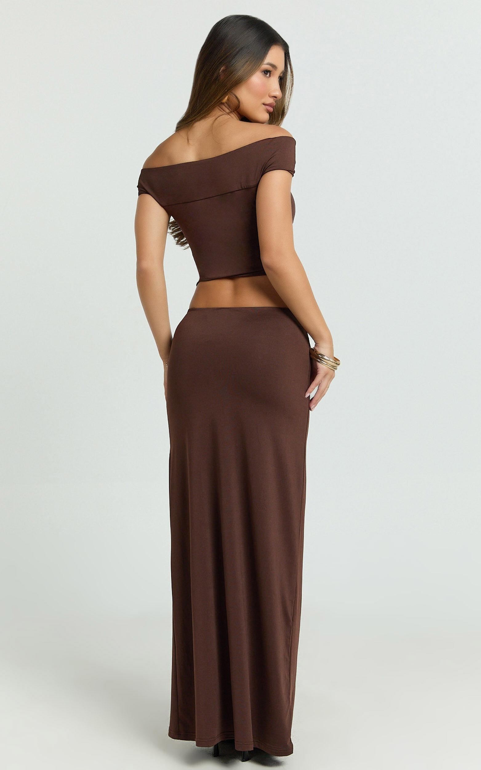 Chaney Top and Skirt Set - Twist Front Off Shoulder Top and Gathered Maxi Skirt Set in Chocolate Product Image