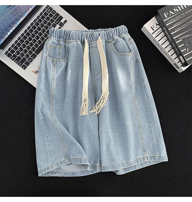Elastic Waist Washed Denim Shorts Product Image