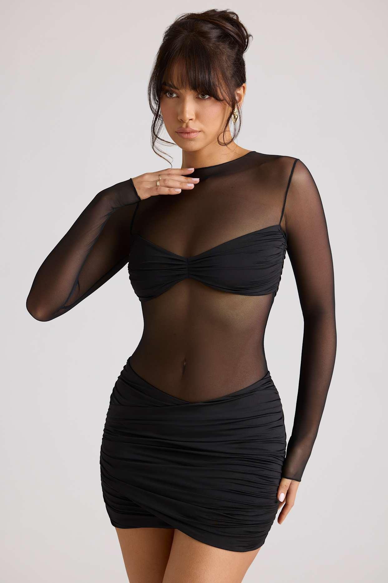 Sheer Panelled Long Sleeve Mini Dress in Black Product Image