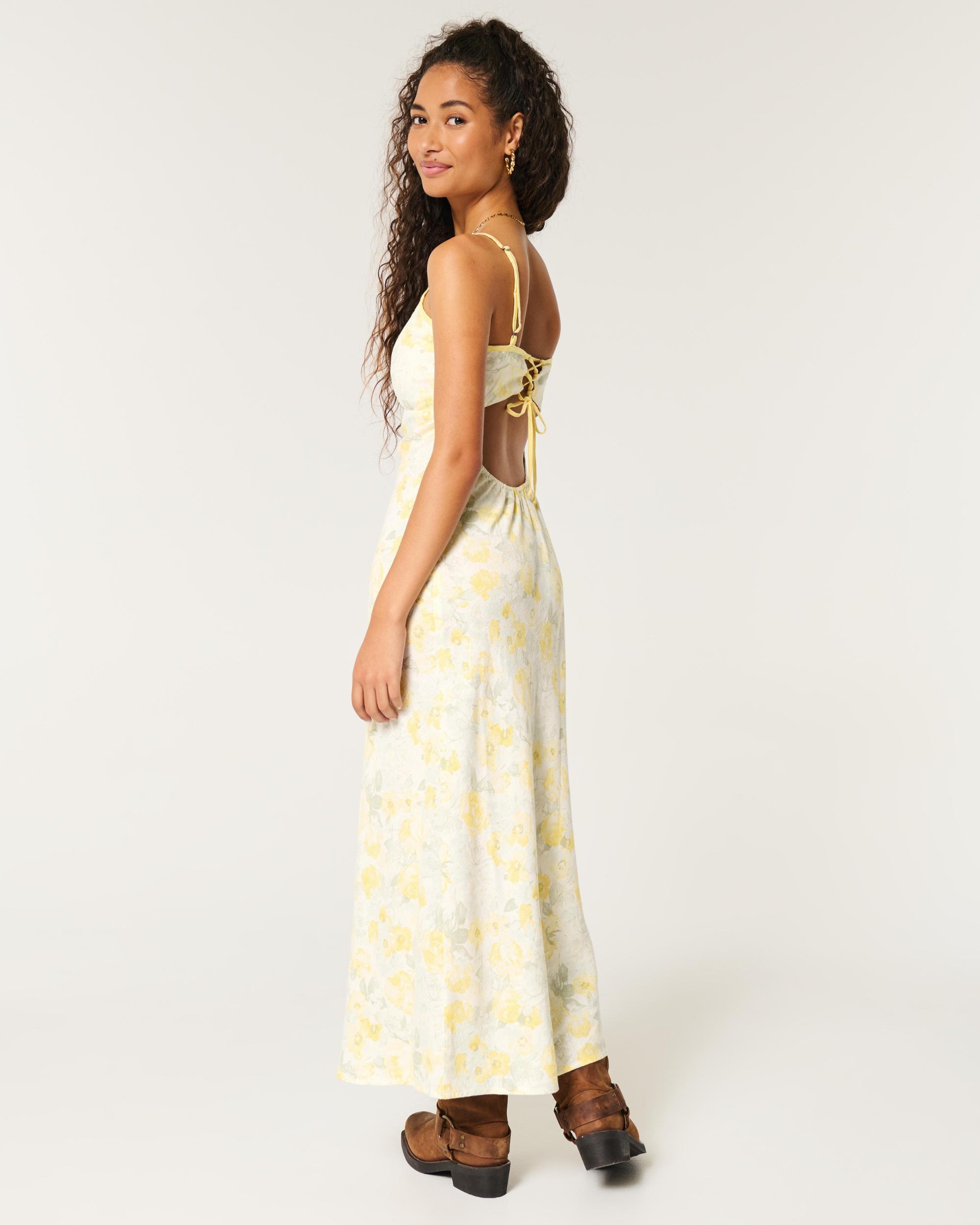 Linen-Blend Open Back Slip Midi Dress Product Image