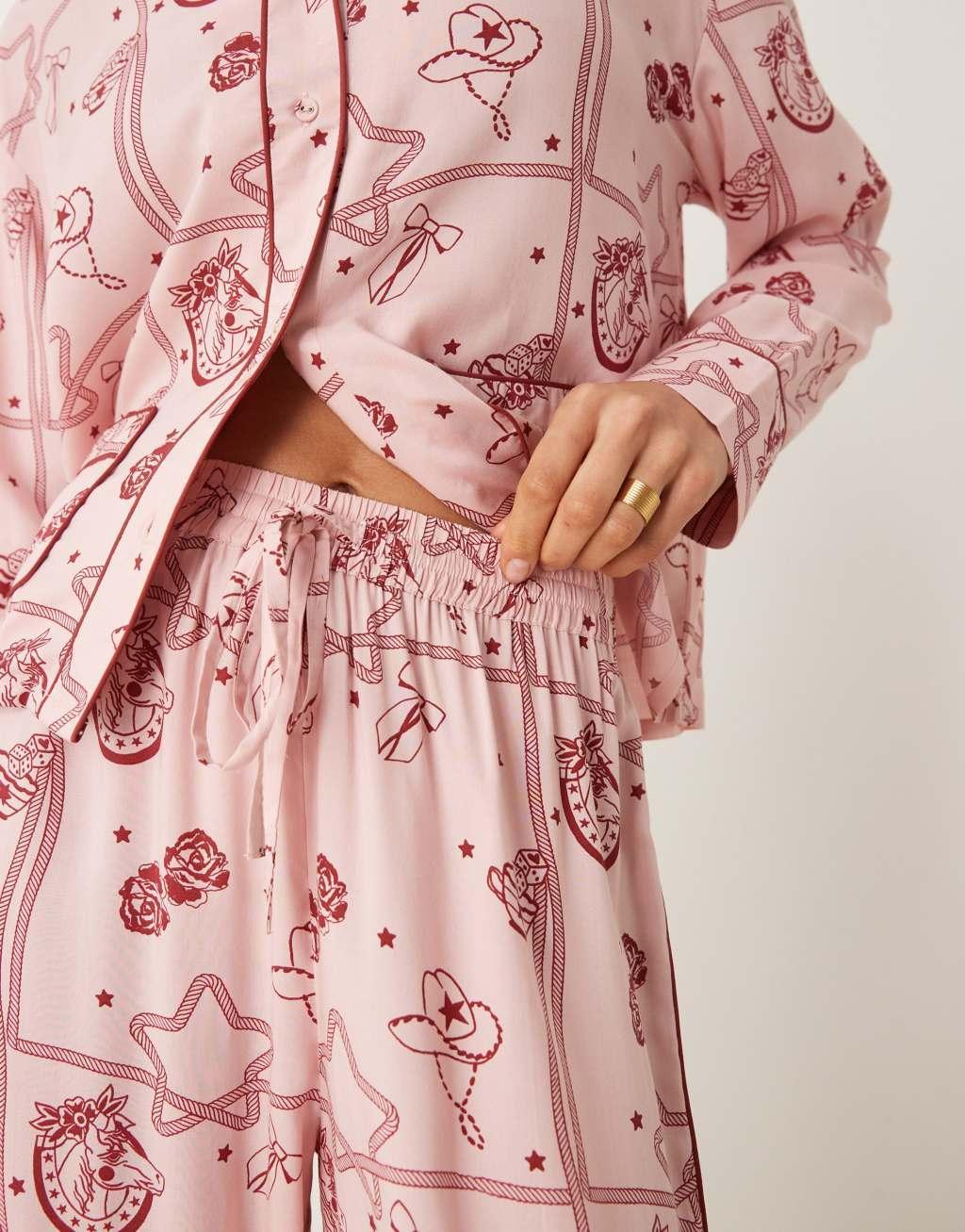 ASOS DESIGN rodeo print modal pajama shirt and wide leg pants set in pink Product Image