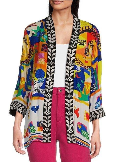 John Mark Open Front 3/4 Sleeve Satin Embroidered Kimono Product Image